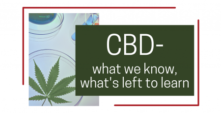 Lab setting featuring a hemp leaf set behind a green box with the title of the blog- CBD- what we know, what's left to learn